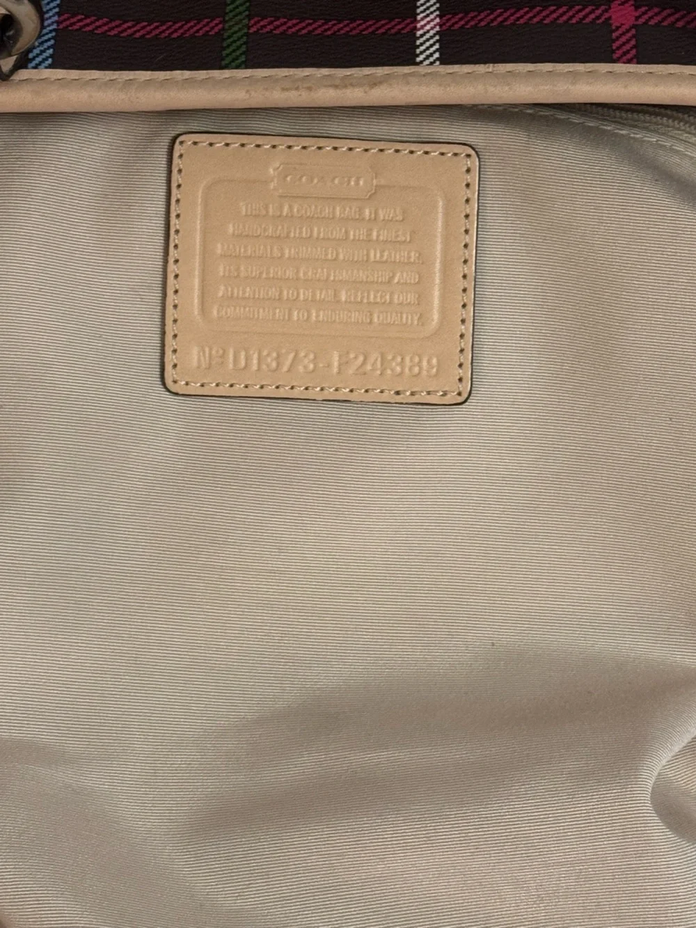 Coach Brown Plaid Tote with Multicolor Stripe Accents and Tan Leather Trim